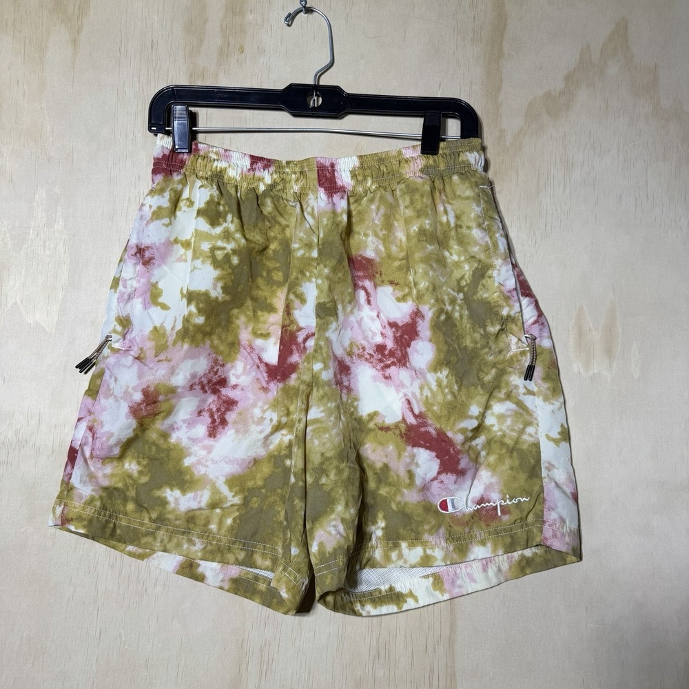 Champion Tie Dye Swim Trunks Men's Medium Pink Olive Mesh Lined Beach Shorts